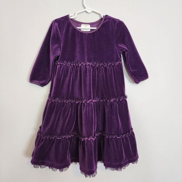 Hanna Andersson  Love 2 Twirl Velvet Velour Purple Ruffle Tulle Girls Dress SZ 5 - Picture 1 of 7